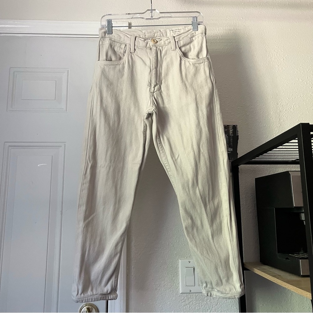 PROSPECTIVE FLOW mens off white beige cotton twill slim tapered leg denim canvas